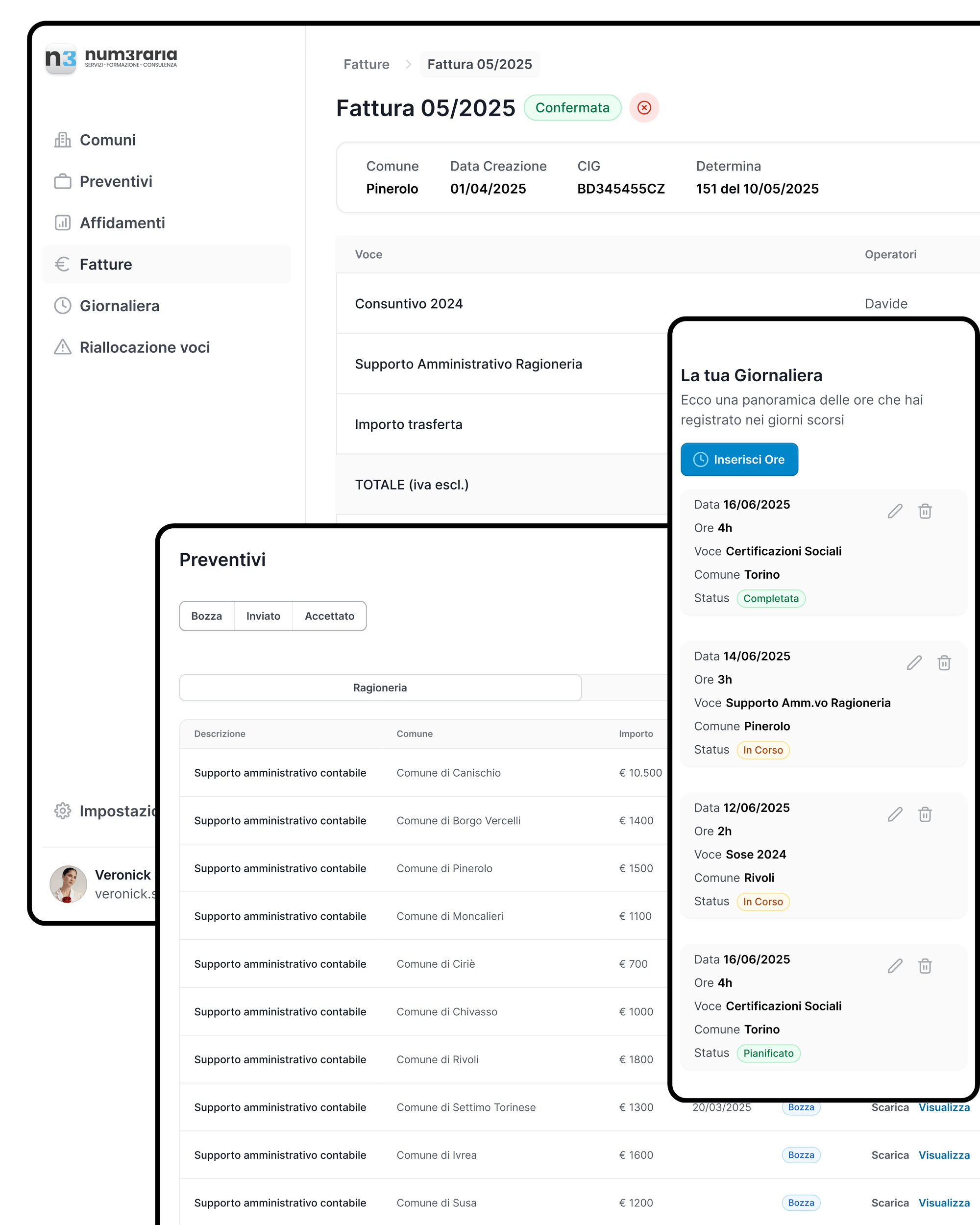 Dashboard gestione preventivi e ore Numeraria